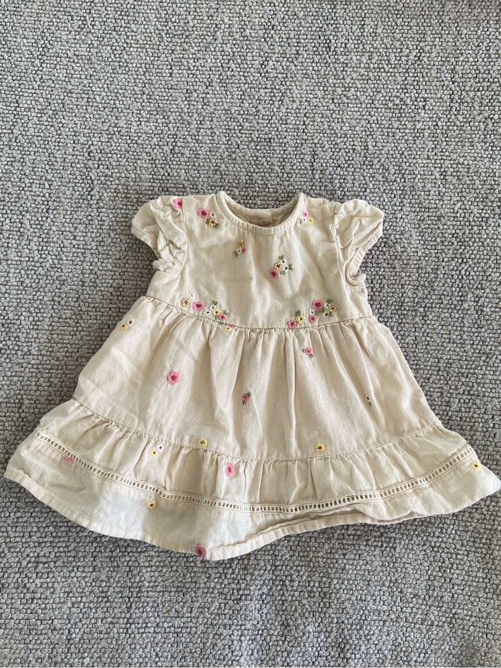 2/$10 - Baby Cream Floral Embroidered Ruffle Baby Dress